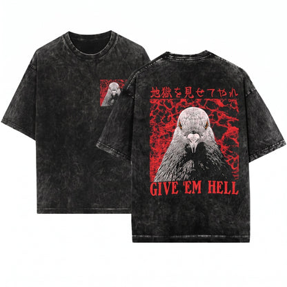 Give Em Hell Retro Japanese Pigeon Graphic Humorous Vintage Unisex Wash T-Shirt