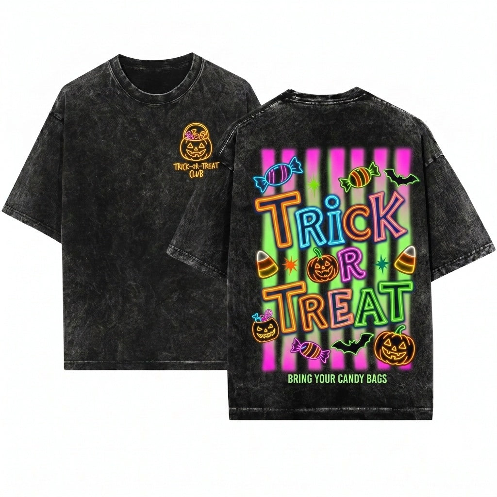 Retro Preppy Spooky Season Pumpkin Trick or Treat Halloween Unisex Wash T-Shirt