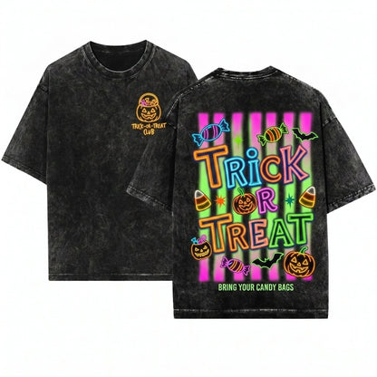 Retro Preppy Spooky Season Pumpkin Trick or Treat Halloween Unisex Wash T-Shirt