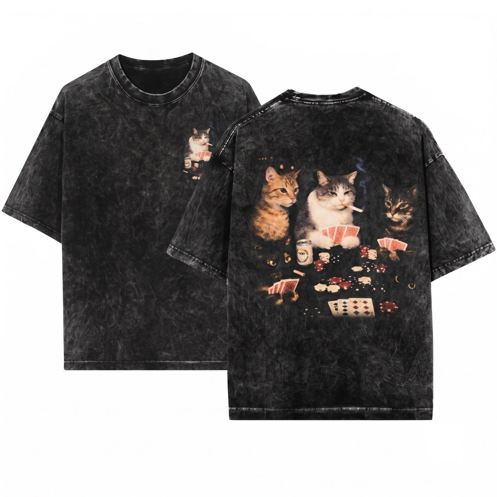 Poker Cats Vintage Graphic Retro Funny Gambling Kitten Card Game Gift Unisex Wash T-Shirt