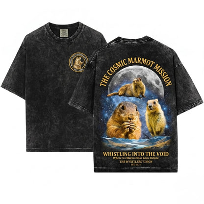 Oversized Groundhog Moon Graphic Retro Funny Cute Animal Unisex Wash T-Shirt