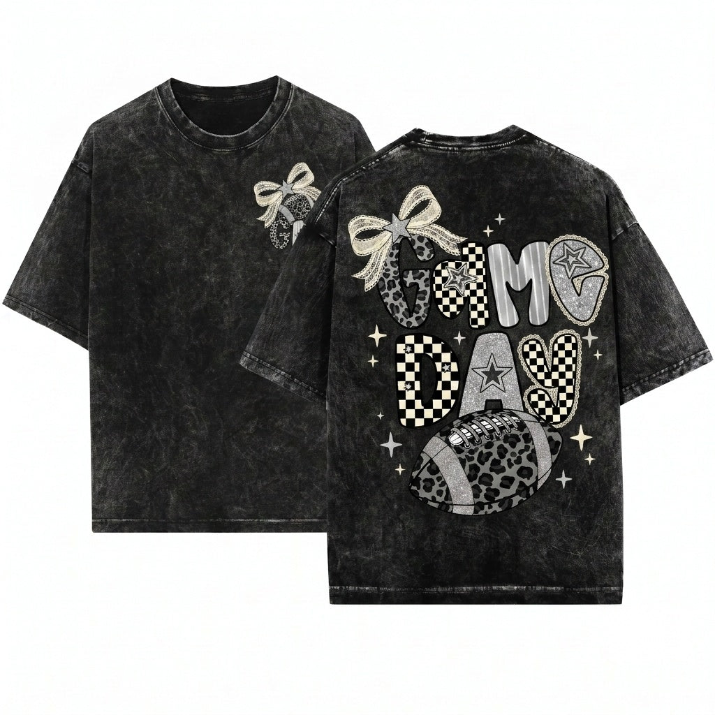 Preppy Lace Game Day Football Black White Checkered Star Leopard Touch Down Season Graphic Unisex Wash T-Shirt