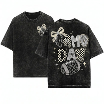 Preppy Lace Game Day Football Black White Checkered Star Leopard Touch Down Season Graphic Unisex Wash T-Shirt