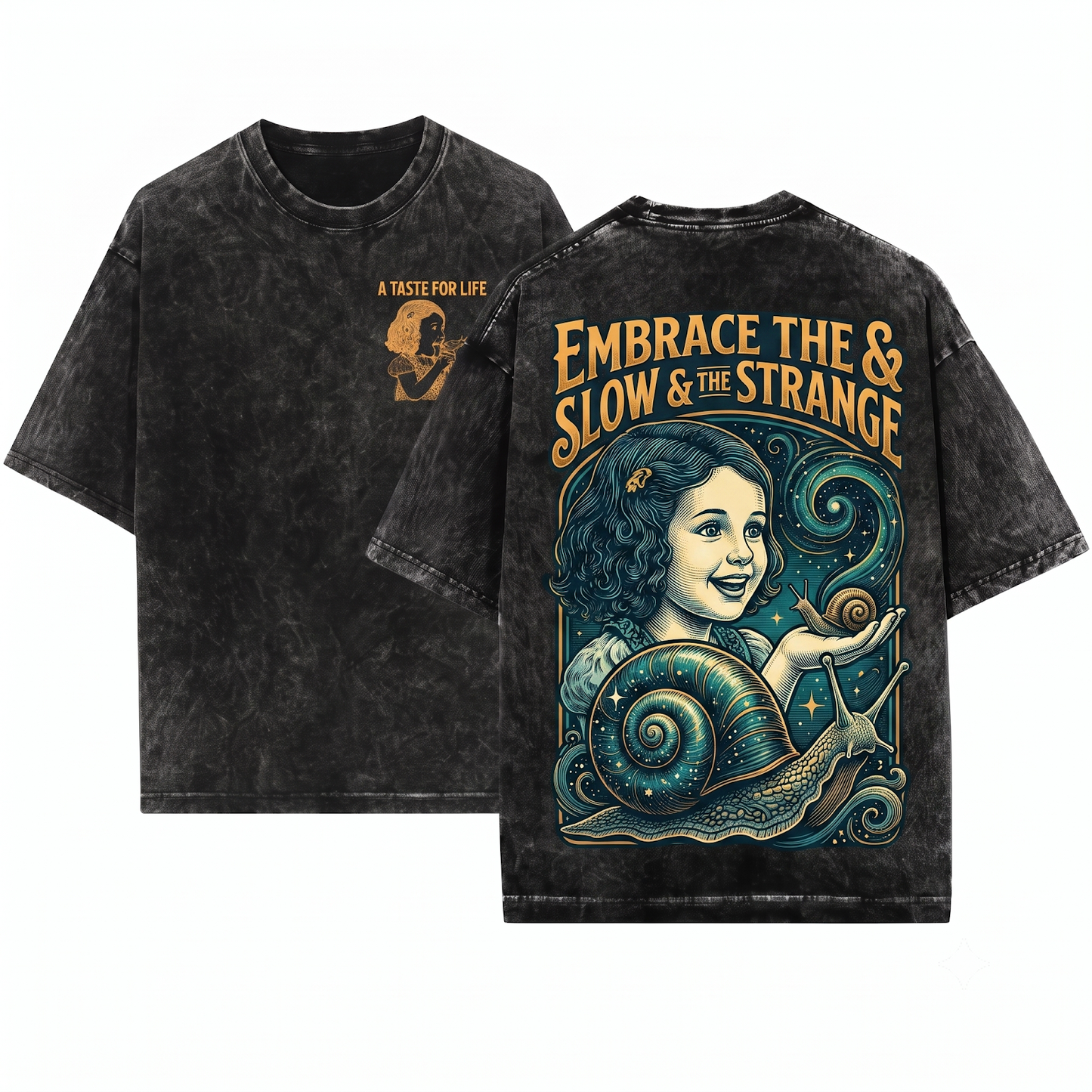 Vintage Girl With Slug Graphic Tee - Weird Aesthetic Creepy Cute Meme Retro Grotesque Dark Humor Surreal Art Gift Unisex Heavyweight Garment-Dyed T-Shirt