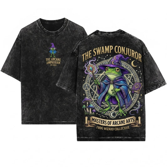 Wizard Frog Embroidered Cozy Cottagecore Fantasy Magic Toad Bookish Whimsical DM RPG Gift Unisex Wash T-Shirt