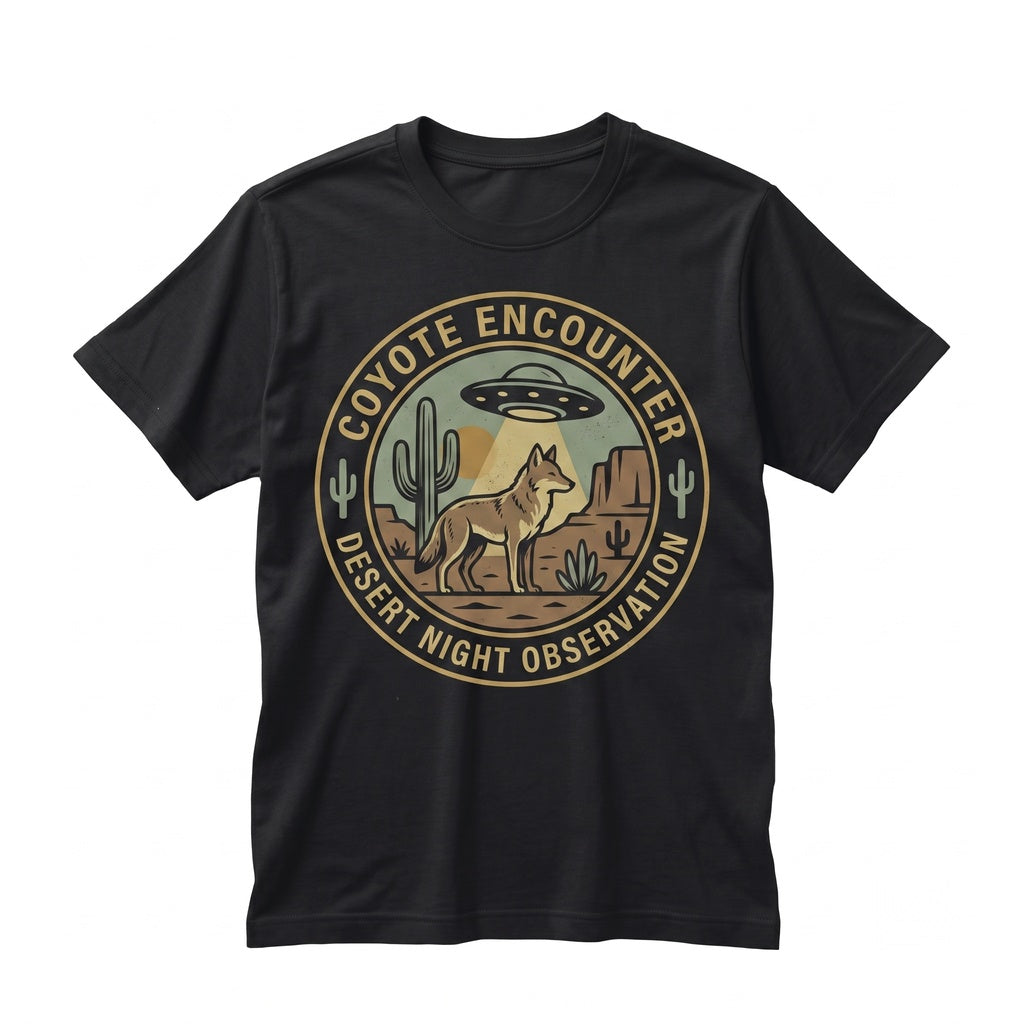Vintage Desert Coyote UFO Graphic Southwestern Alien Abduction Cactus Sunset Retro Western Gift Men Women Unisex TShirt