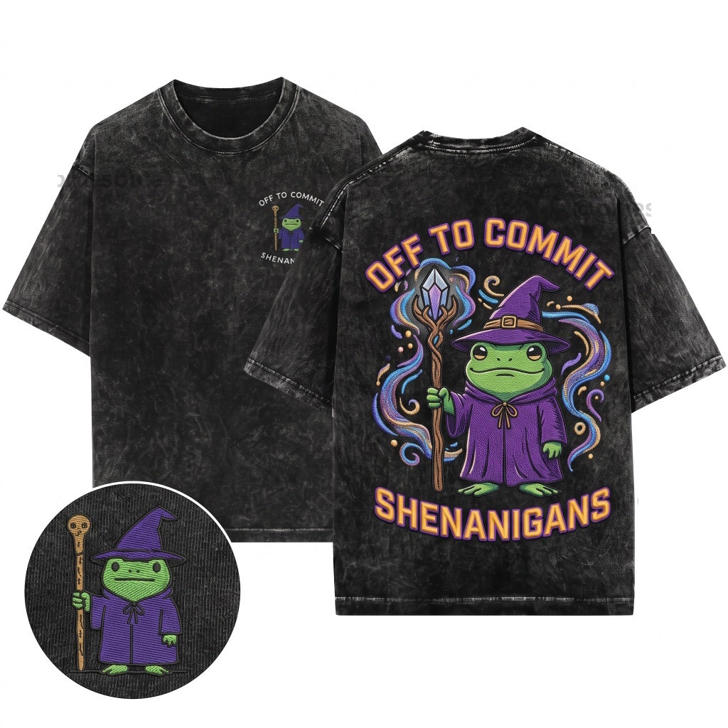 Off To Commit Shenanigans Funny Wizard Embroidered RPG Fantasy Humor Graphic Unisex Wash T-Shirt