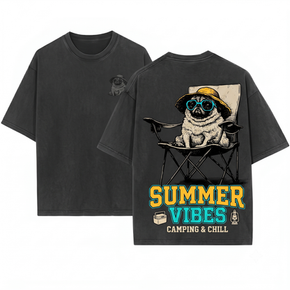 Vintage Pug Beach Graphic Tee - Retro Summer Relaxing Chair Dog Lover Mom Dad Gift Unisex Heavyweight Garment-Dyed T-Shirt