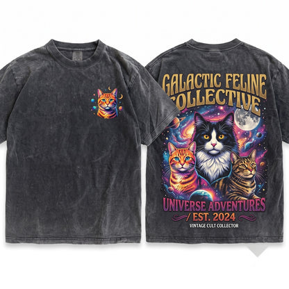 Vintage Cosmic Cat Graphic Retro 90s Space Celestial Moon Stars Gift Unisex Wash T-Shirt