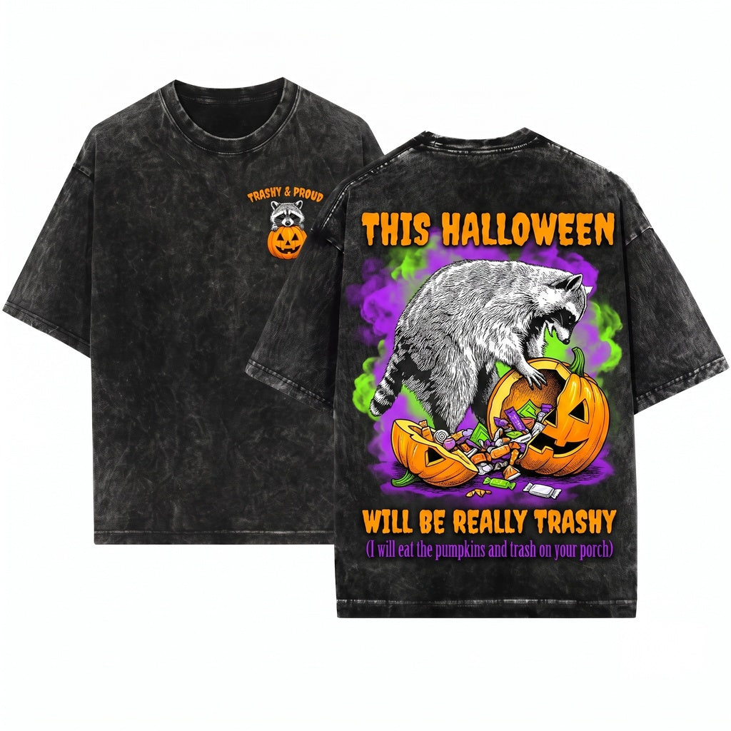 Trashy Halloween Raccoon Spooky Funny Graphic Vintage Unisex Wash T-Shirt