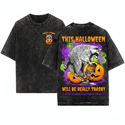 Trashy Halloween Raccoon Spooky Funny Graphic Vintage Unisex Wash T-Shirt