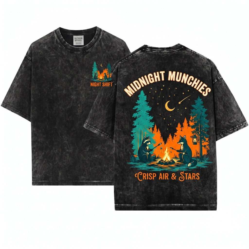 Retro Camping Raccoon Forest Campfire Wildlife Cozy Outdoor Adventure Nature Gift Unisex Wash T-Shirt