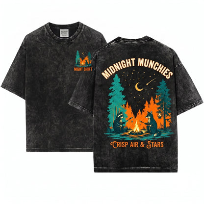 Retro Camping Raccoon Forest Campfire Wildlife Cozy Outdoor Adventure Nature Gift Unisex Wash T-Shirt