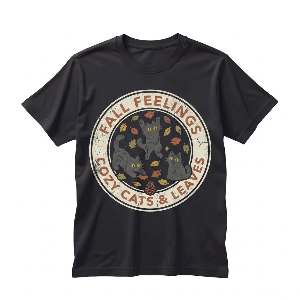 Cute Black Cats Fall Leaves Embroidered Autumn Cozy Aesthetic Gift Unisex TShirt