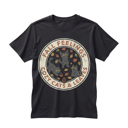 Cute Black Cats Fall Leaves Embroidered Autumn Cozy Aesthetic Gift Unisex TShirt