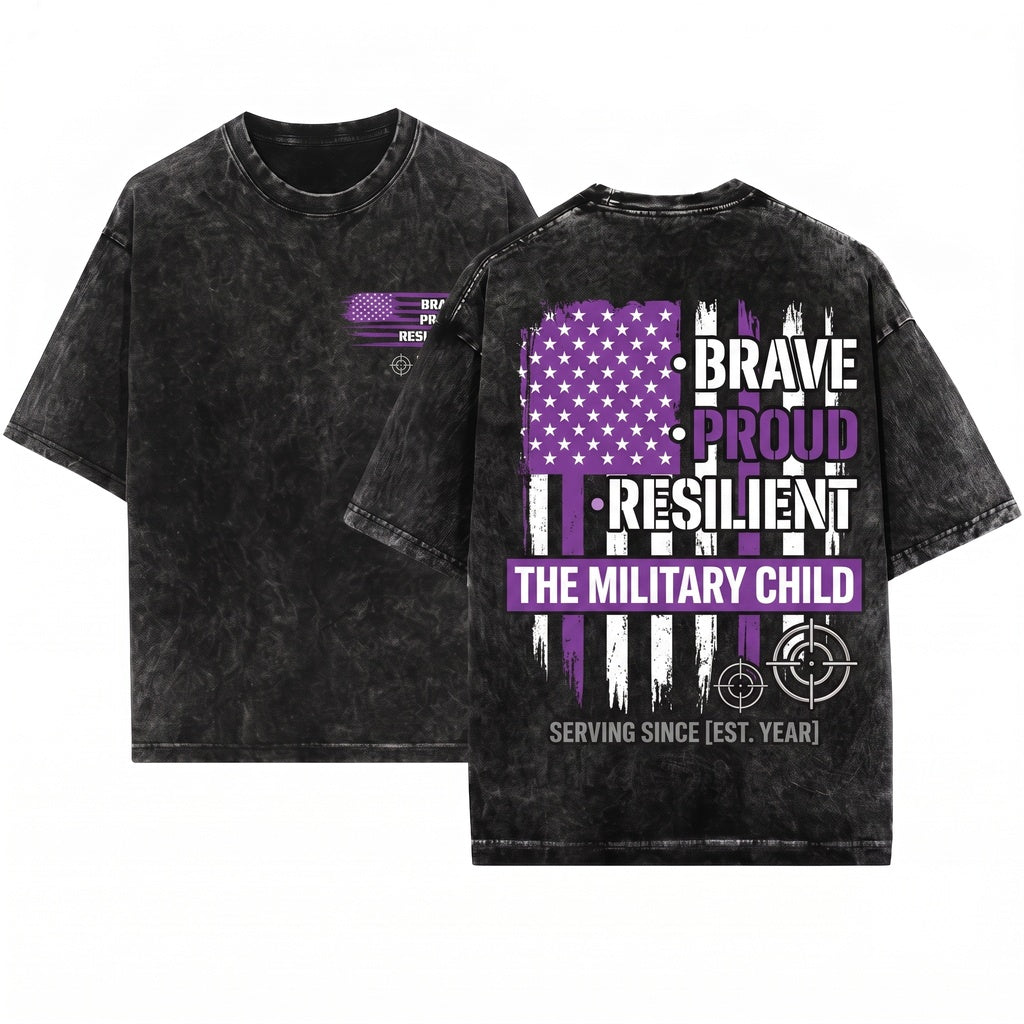 Purple Up Military Child Month Proud Brave Resilient American Flag Graphic Armed Forces Family Support Unisex Wash T-Shirt