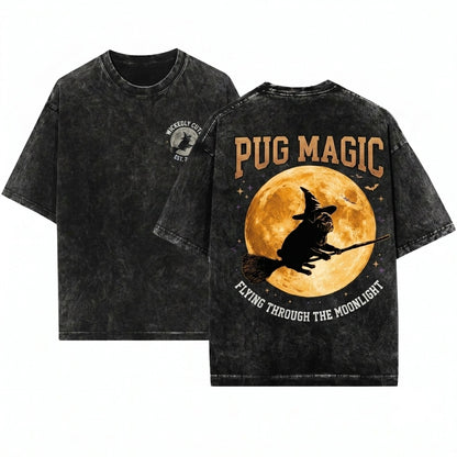 Halloween Spooky Pug Dog Flying Broomstick Wizard Hat Moon Trick Or Treat Mom Dad Gift Unisex Wash T-Shirt