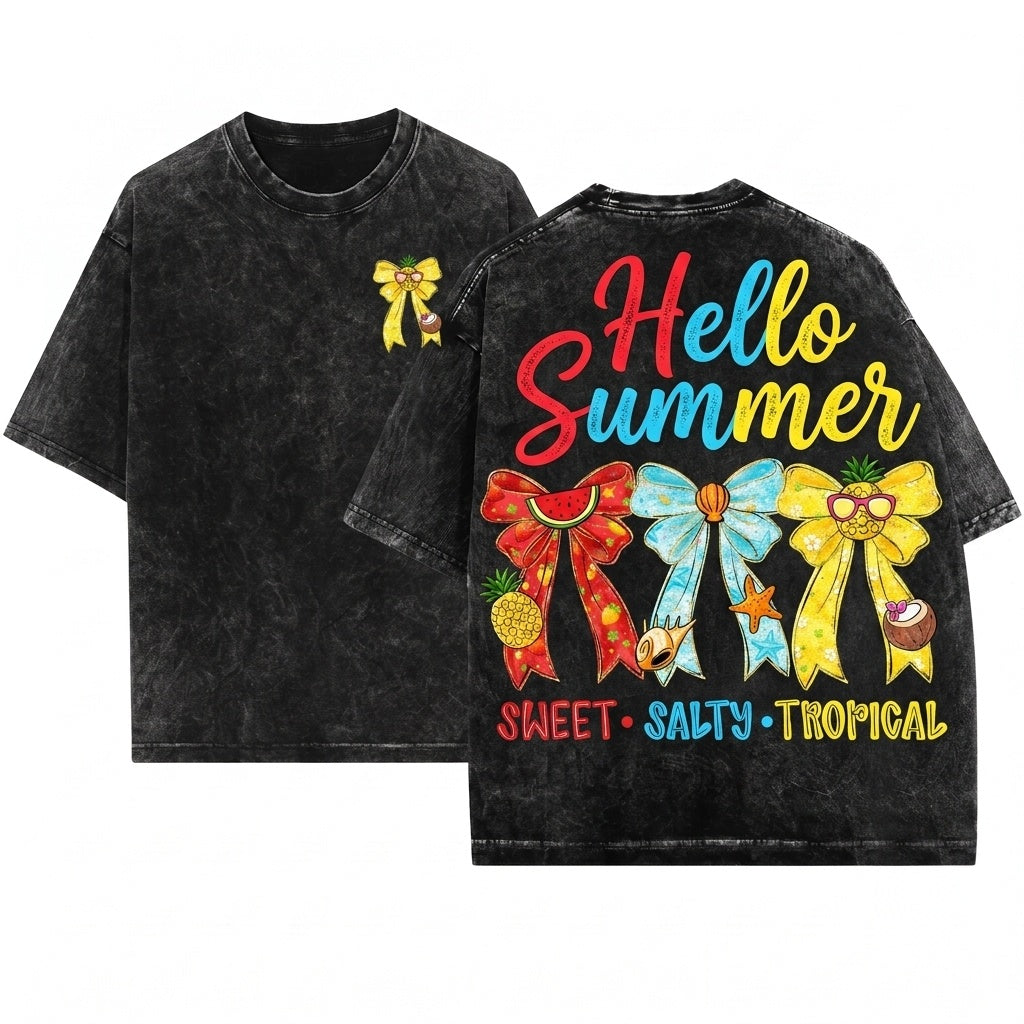 Hello Summer Coquette Bow Tropical Fruit Seashell Beach Vacation Sweet Salty Unisex Wash T-Shirt