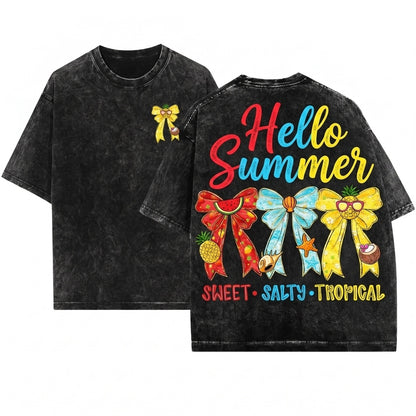 Hello Summer Coquette Bow Tropical Fruit Seashell Beach Vacation Sweet Salty Unisex Wash T-Shirt