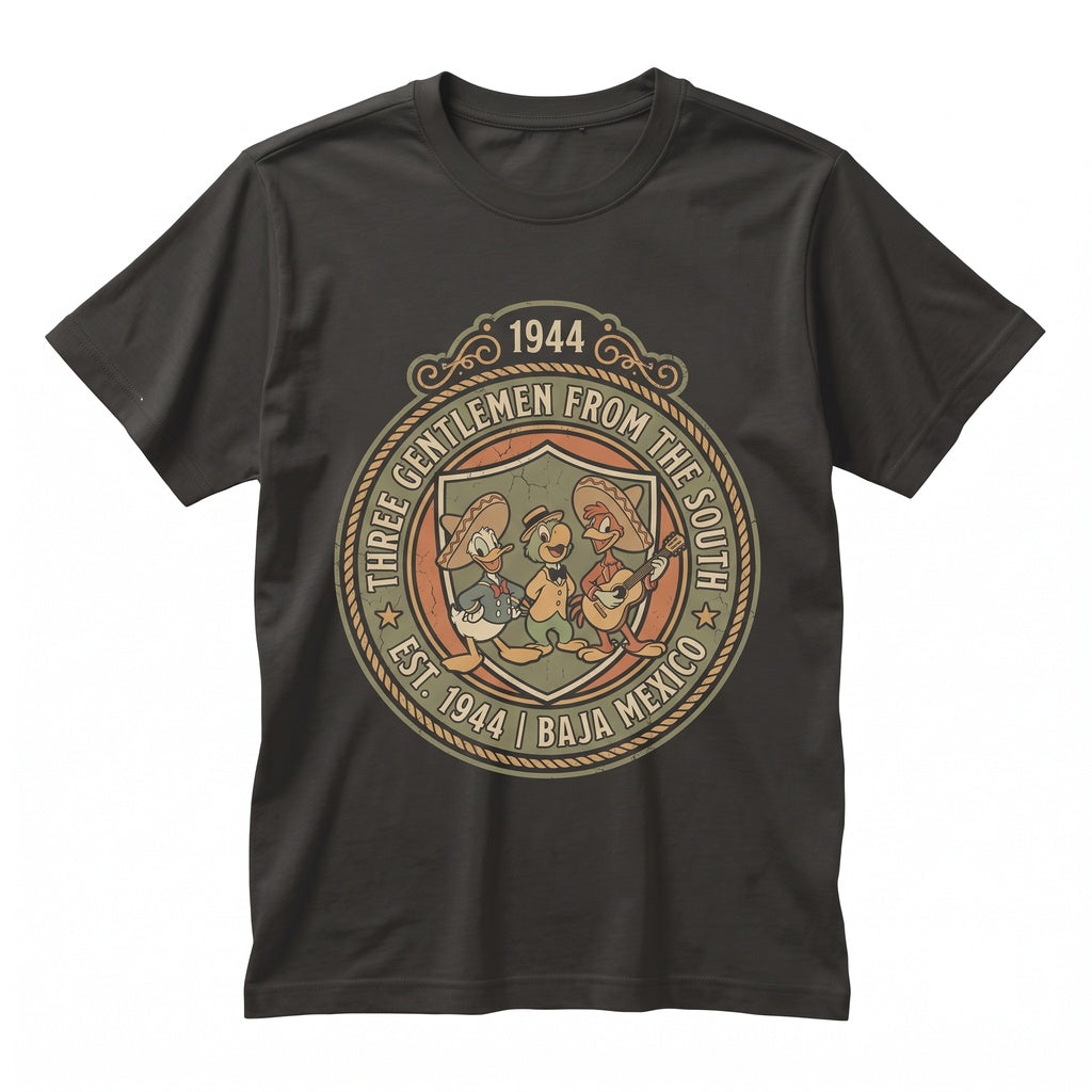 Vintage Three Caballeros Mexico Pavilion Retro Theme Park Vacation Matching Fiesta Parrot Rooster Unisex TShirt