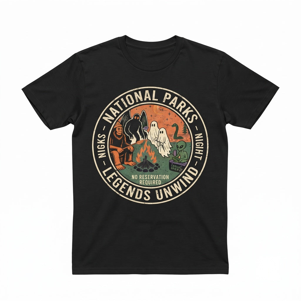 Wilderness Park Cryptid Camping Bigfoot Mothman Ghost Alien Graphic Unisex TShirt