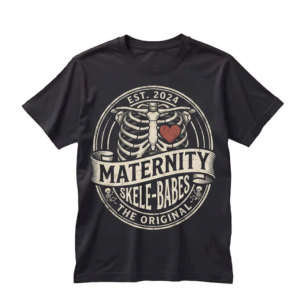 Cute Twins Halloween Maternity Pregnancy Announcement Skeleton Graphic Top for Pregnant Women Unisex TShirt