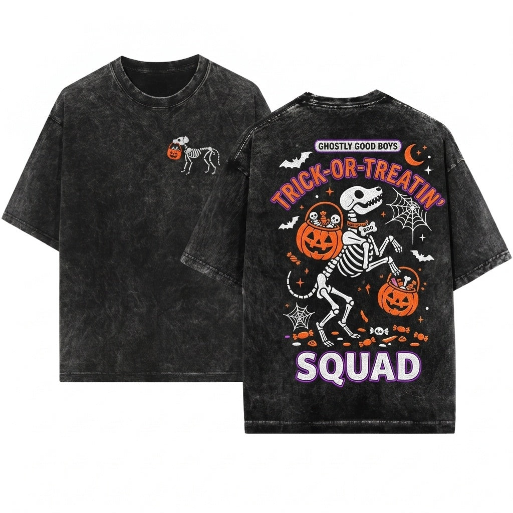 Skeleton Dog Embroidered Cute Halloween Spooky Season Puppy Lover Gift Boo Basket Fall Unisex Wash T-Shirt