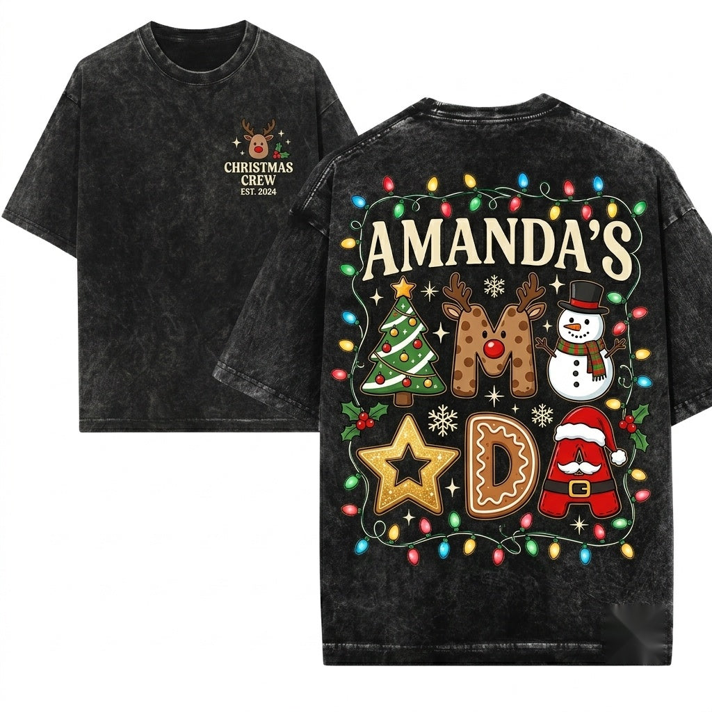 Custom Personalized Christmas Holiday Santa Snowman Reindeer Doodles Family Matching Graphic Top Unisex Wash T-Shirt