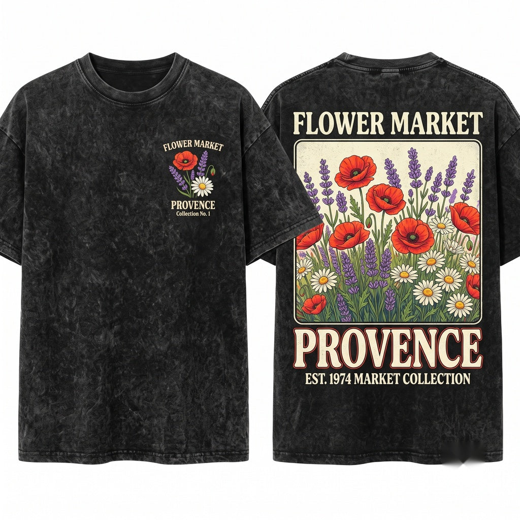Provence Botanical Flower Market Graphic Poppies Daisies Unisex Wash T-Shirt