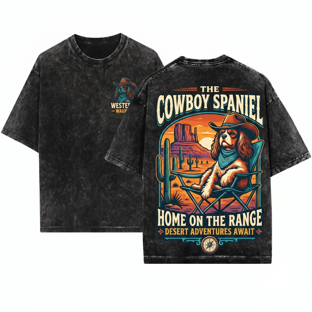 Vintage Western Retro Desert Cavie Cowboy Dog Gift for Cavalier King Charles Pet Lovers Mom Dad Unisex Wash T-Shirt