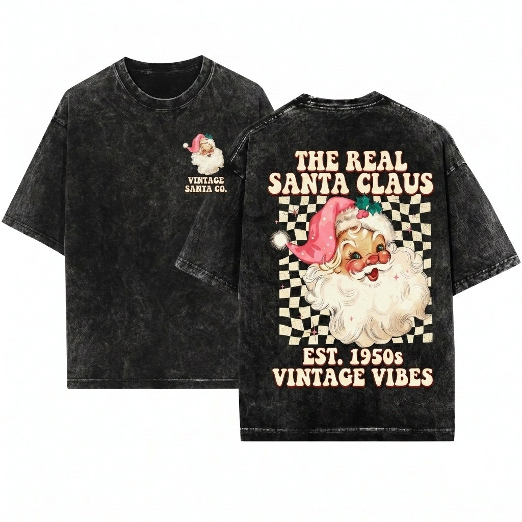 Retro Pink Santa Merry Christmas Womens Holiday Sweater Gift Unisex Wash T-Shirt
