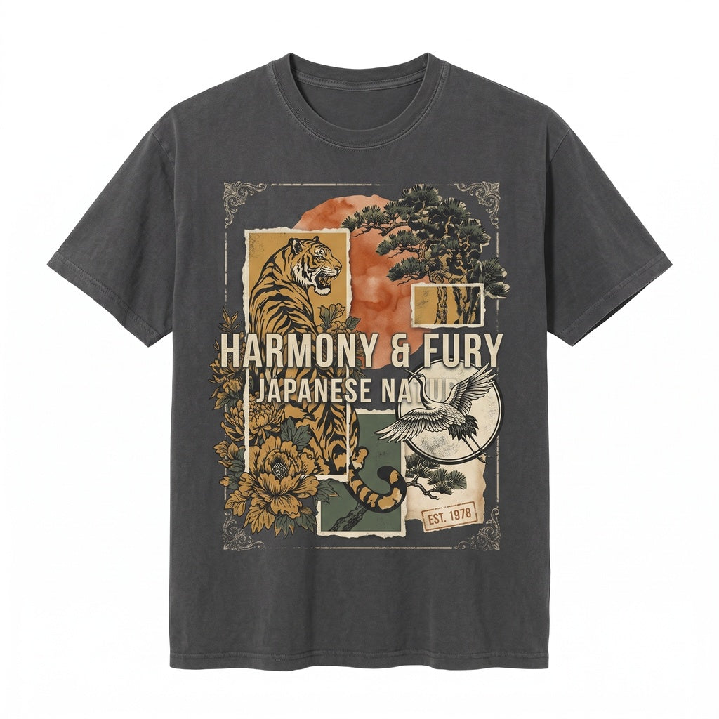 Retro Tiger Crane Graphic Japanese Wildlife Floral Vintage Asian Nature Animal Art Gift Unisex TShirt