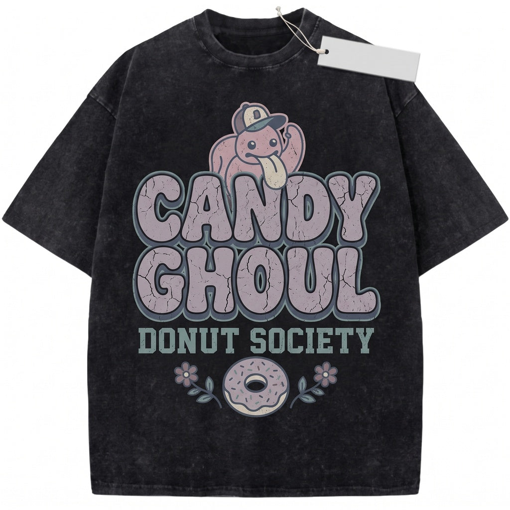 Vintage Mineral Wash Anime Graphic Garment Dyed Kawaii Pink Tongue Monster Fans Gift Unisex TShirt