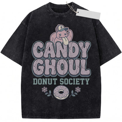 Vintage Mineral Wash Anime Graphic Garment Dyed Kawaii Pink Tongue Monster Fans Gift Unisex TShirt