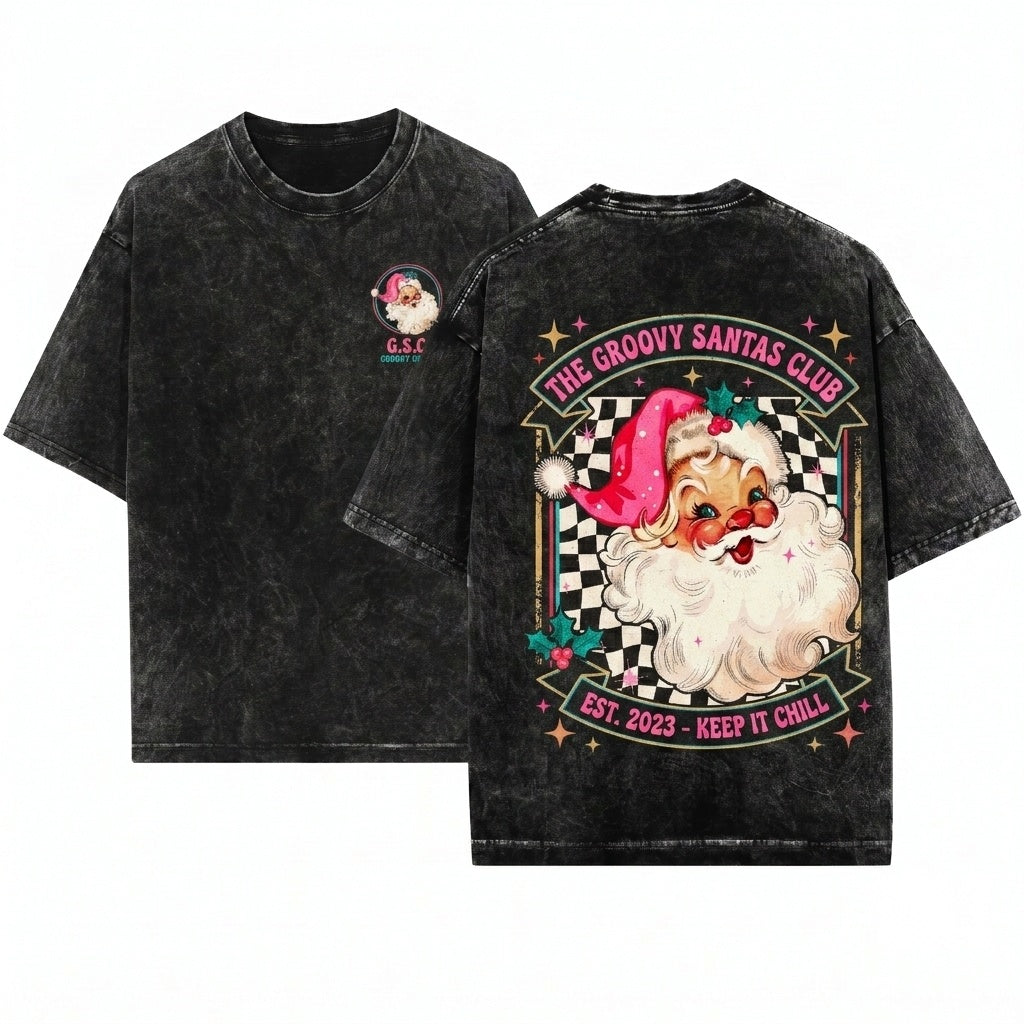 Retro Pink Santa Merry Christmas Womens Holiday Sweater Gift Unisex Wash T-Shirt