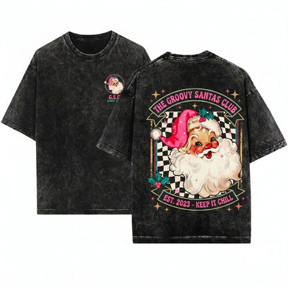 Retro Pink Santa Merry Christmas Womens Holiday Sweater Gift Unisex Wash T-Shirt