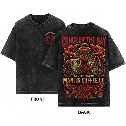 Funny Praying Mantis Coffee Feminism Graphic Tee - Chill Insect Lover Gift Unisex Heavyweight Garment-Dyed T-Shirt