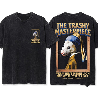 Opossum Girl with a Pearl Earring Painting Fine Art Graphic Apparel Unisex Wash T-Shirt