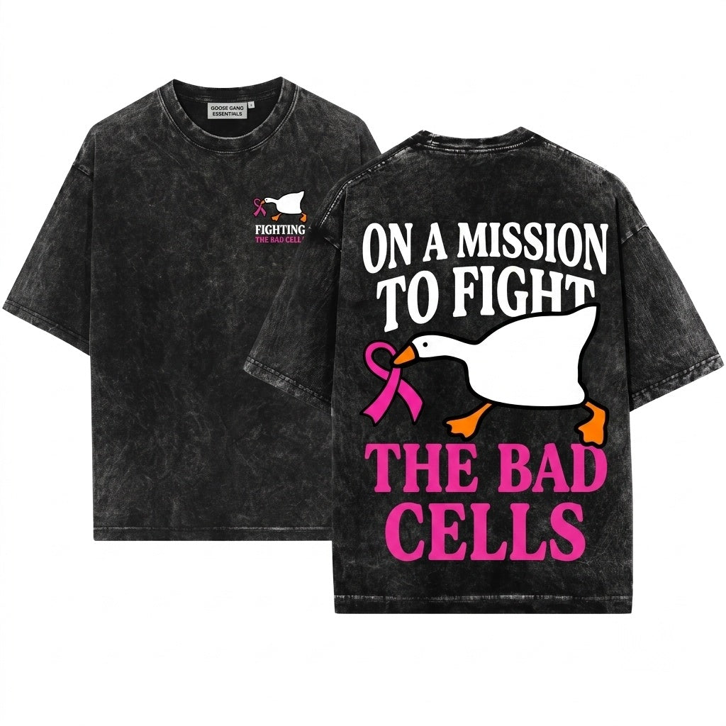 Pink Ribbon Breast Cancer Support Off To Fight Bad Cells Goose Graphic Unisex Wash T-Shirt