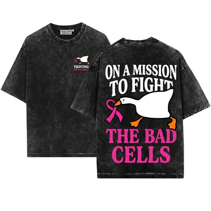 Pink Ribbon Breast Cancer Support Off To Fight Bad Cells Goose Graphic Unisex Wash T-Shirt