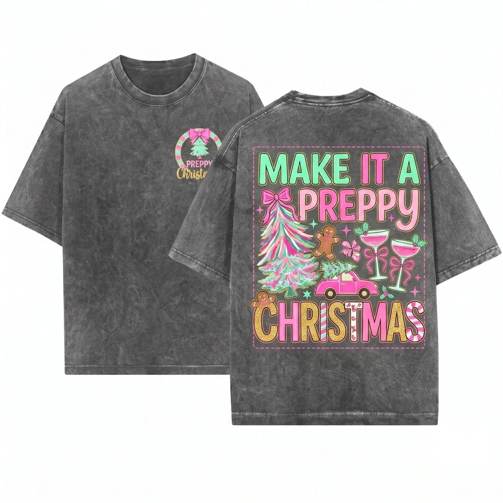 Pink Blue Preppy Christmas Bundle Merry & Bright Floral Coquette Doodles Tree Unisex Wash T-Shirt