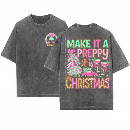 Pink Blue Preppy Christmas Bundle Merry & Bright Floral Coquette Doodles Tree Unisex Wash T-Shirt