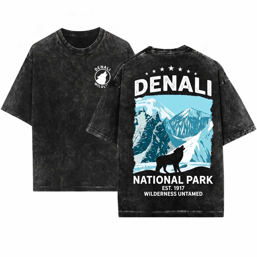 Denali National Park Alaska Wolf Wildlife Outdoor Adventure Camping Hiking Travel Souvenir Gift Unisex Wash T-Shirt
