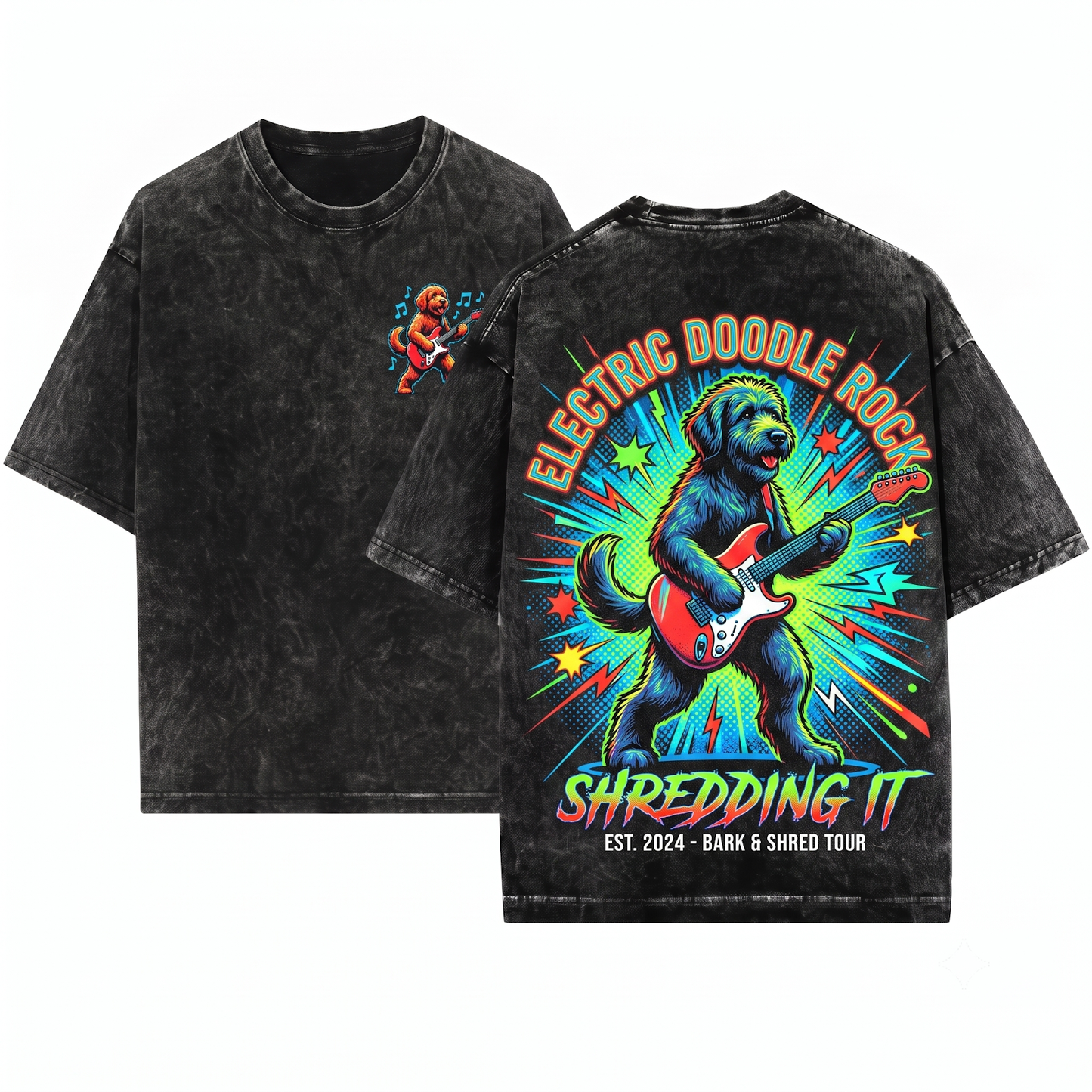 Retro Funny Bernedoodle Rock Star Guitarist Graphic Tee Vintage Music Lover Gift Doodle Mom Dad Unisex Heavyweight Garment-Dyed T-Shirt