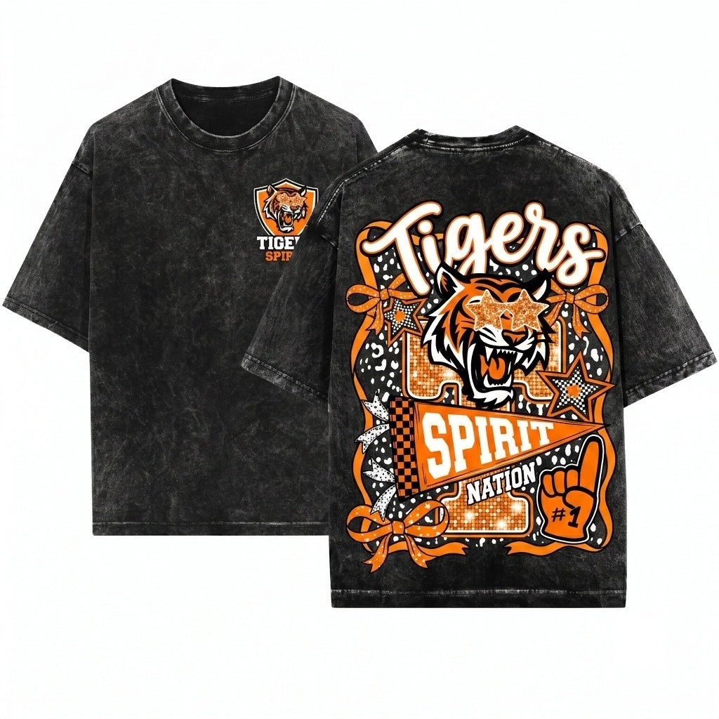 Custom Tigers Mascot Coquette School Spirit Football Game Day Touchdown Team PNG Unisex Wash T-Shirt