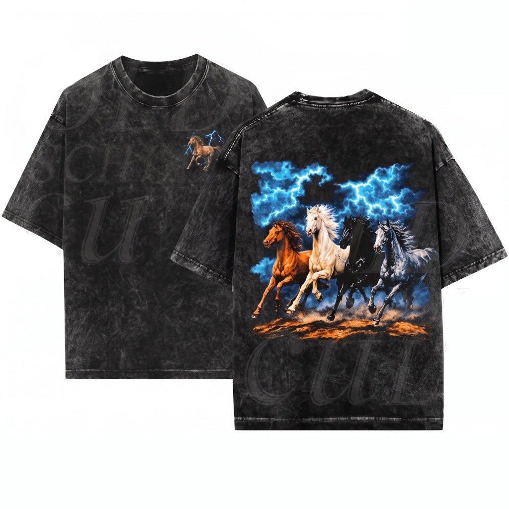 Vintage 90s Running Horses Retro Lightning Storm Western Cowboy Graphic Unisex Wash T-Shirt