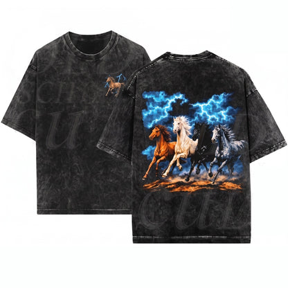 Vintage 90s Running Horses Retro Lightning Storm Western Cowboy Graphic Unisex Wash T-Shirt