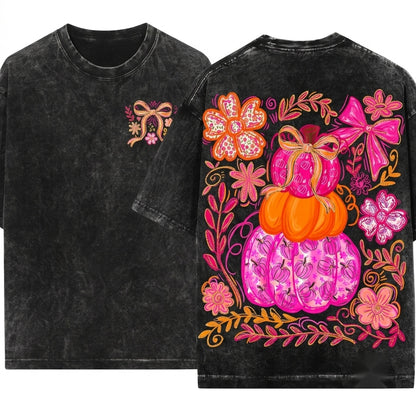 Preppy Glitter Pink Floral Boho Colorful Trendy Thanksgiving Pumpkin Season Unisex Wash T-Shirt