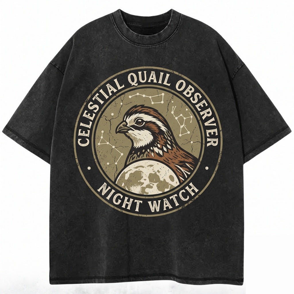 Three Bobwhite Quail Moon Game Bird Vintage Wash Retro Galaxy Graphic Top, Nature Lover Pet Owner Unisex TShirt