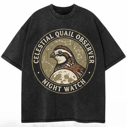 Three Bobwhite Quail Moon Game Bird Vintage Wash Retro Galaxy Graphic Top, Nature Lover Pet Owner Unisex TShirt